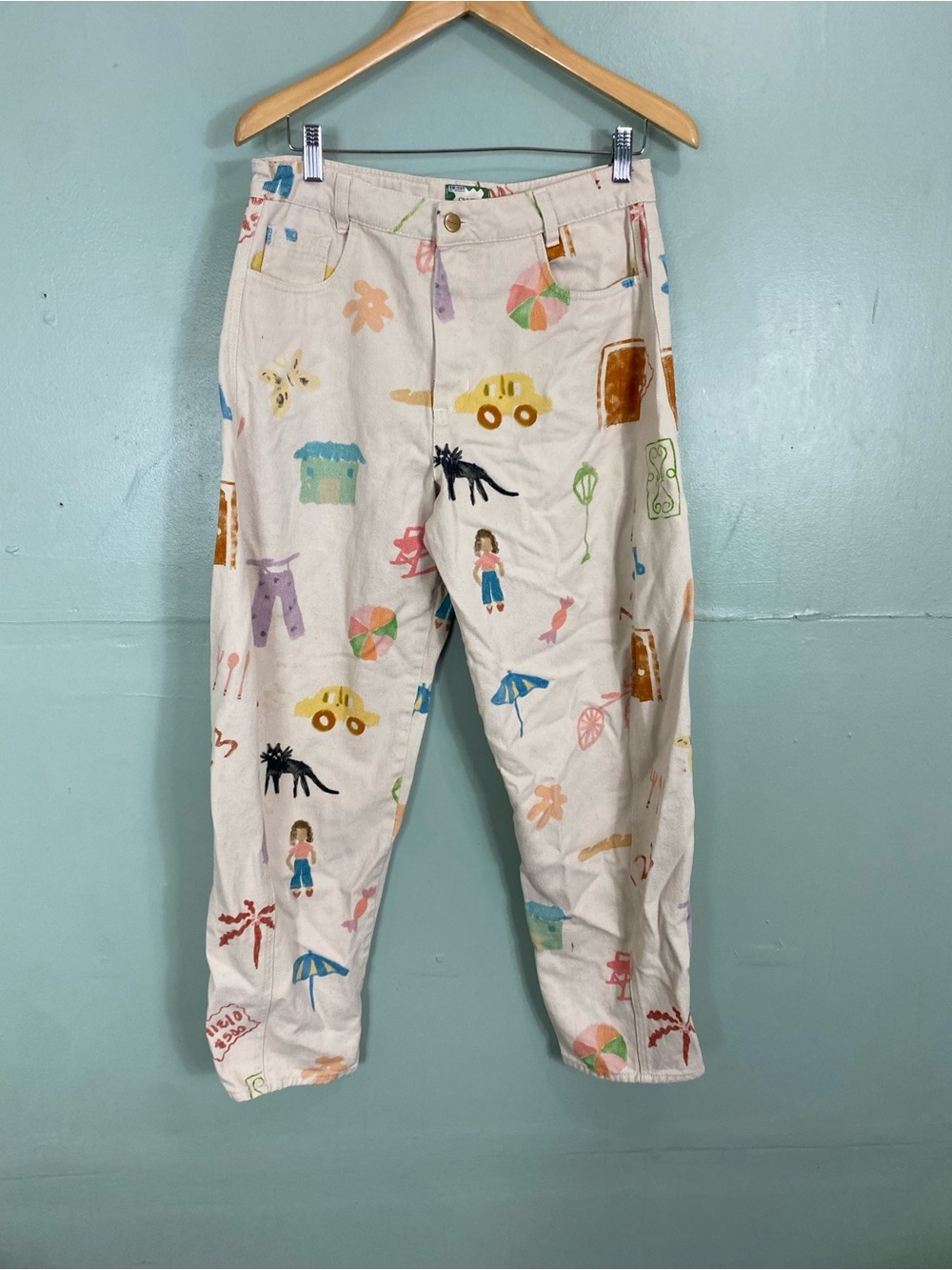 SIXXTA High Rise Huevito Jeans Ivory Artsy Printed Size 10 Barrel